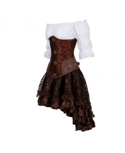 Gothic Corset Dress Steampunk PU Leather Corset Crop Top Three-Pieces Set Pirate Costume Renaissance Blouse and Burlesque Ski...