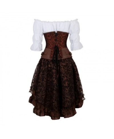 Gothic Corset Dress Steampunk PU Leather Corset Crop Top Three-Pieces Set Pirate Costume Renaissance Blouse and Burlesque Ski...