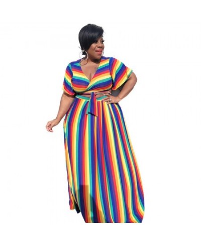 2 Piece Set Women Clothing Rainbow Stripes Sexy V Collar Bandage Tops Loose Skirts Plus Size Suit 3xl 4xl Wholesale $50.72 - ...