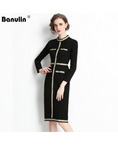 Autumn Vintage Runway Designer Knee Length Party Night Dress Women Long Sleeve Metal Button Decor Black Bodycon Dress $56.09 ...