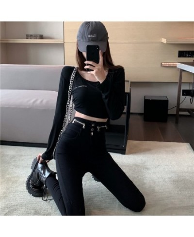 2022 New Spring Autumn New High Waist Tight Fitting Slim Zipper Decoration Stretch Black Pencil Pants Women $47.07 - Jeans