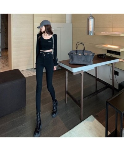 2022 New Spring Autumn New High Waist Tight Fitting Slim Zipper Decoration Stretch Black Pencil Pants Women $47.07 - Jeans