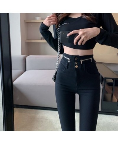 2022 New Spring Autumn New High Waist Tight Fitting Slim Zipper Decoration Stretch Black Pencil Pants Women $47.07 - Jeans