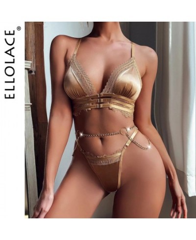 Khaki Sexy Lingerie Lace Patchwork Underwear with Chain Garters 3-Piece Eroric Bilizna Set Short Skin Care Kits $31.96 - Unde...