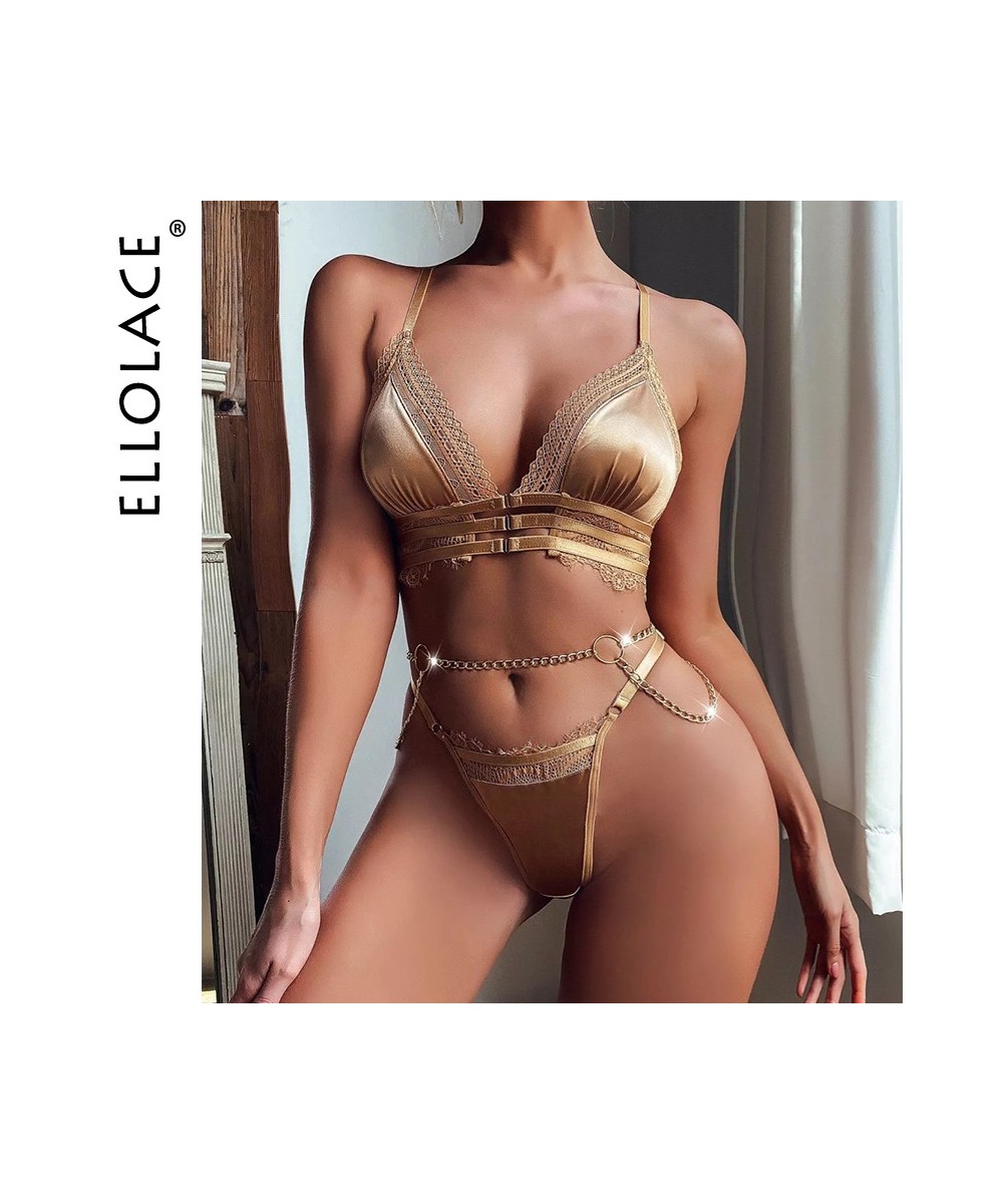 Khaki Sexy Lingerie Lace Patchwork Underwear with Chain Garters 3-Piece Eroric Bilizna Set Short Skin Care Kits $31.96 - Unde...