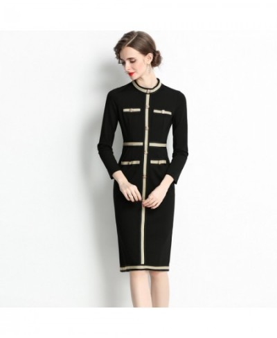 Autumn Vintage Runway Designer Knee Length Party Night Dress Women Long Sleeve Metal Button Decor Black Bodycon Dress $56.09 ...