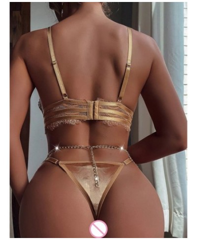 Khaki Sexy Lingerie Lace Patchwork Underwear with Chain Garters 3-Piece Eroric Bilizna Set Short Skin Care Kits $31.96 - Unde...