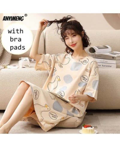 Summer Cotton M-5XL Women Sleepshirt with Bra Pads Leisure Nightgowns Lady's Nightdresses Cartoon Pajama Dressings Long Shirt...