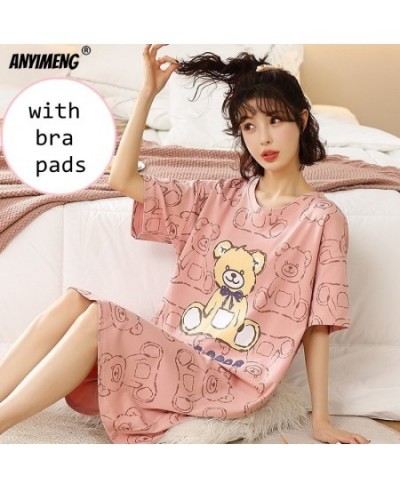 Summer Cotton M-5XL Women Sleepshirt with Bra Pads Leisure Nightgowns Lady's Nightdresses Cartoon Pajama Dressings Long Shirt...