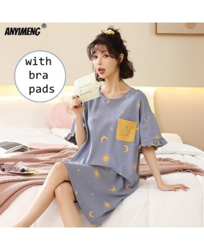 Summer Cotton M-5XL Women Sleepshirt with Bra Pads Leisure Nightgowns Lady's Nightdresses Cartoon Pajama Dressings Long Shirt...