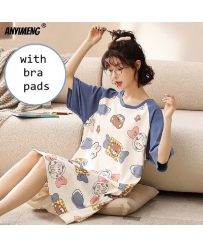 Summer Cotton M-5XL Women Sleepshirt with Bra Pads Leisure Nightgowns Lady's Nightdresses Cartoon Pajama Dressings Long Shirt...