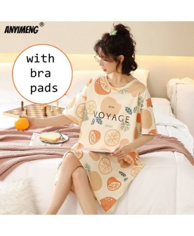 Summer Cotton M-5XL Women Sleepshirt with Bra Pads Leisure Nightgowns Lady's Nightdresses Cartoon Pajama Dressings Long Shirt...