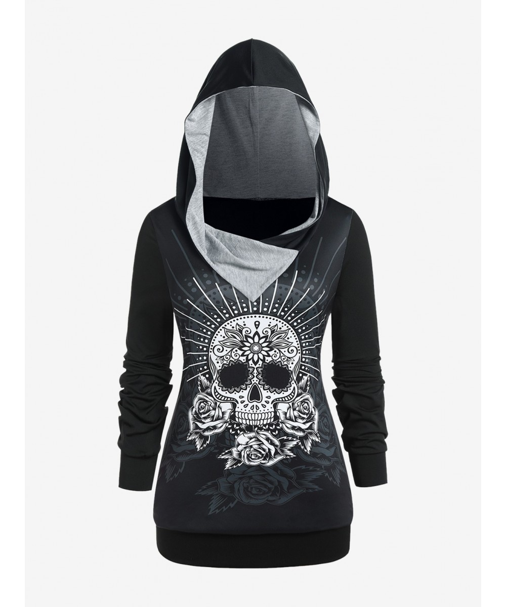 Gothic Skull Rose Print Pullover Hoodie Female Stretchy Cozy Basic Y2K Sweatershirts Autumn Long Sleeves Top With Hooded $41....