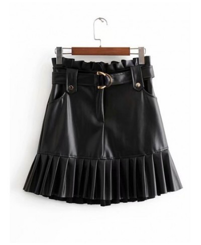 Women Chic PU Leather Pleated Skirt Ruffles Tie Belt Waist Pocket Skirt Zipper Fly Ladies Elegnt Mini Skirts Jupe Femme $44.3...