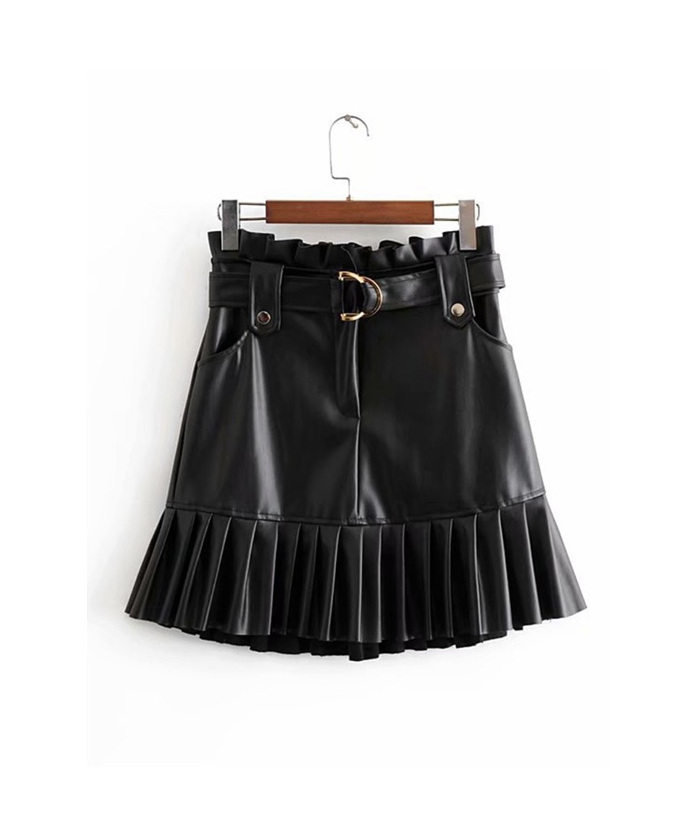 Women Chic PU Leather Pleated Skirt Ruffles Tie Belt Waist Pocket Skirt Zipper Fly Ladies Elegnt Mini Skirts Jupe Femme $44.3...