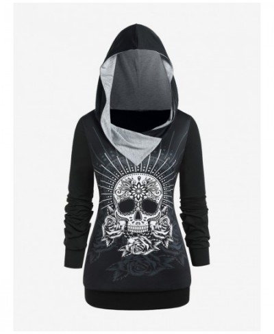 Gothic Skull Rose Print Pullover Hoodie Female Stretchy Cozy Basic Y2K Sweatershirts Autumn Long Sleeves Top With Hooded $41....