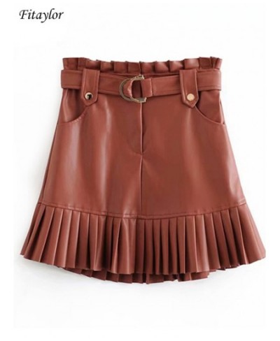 Women Chic PU Leather Pleated Skirt Ruffles Tie Belt Waist Pocket Skirt Zipper Fly Ladies Elegnt Mini Skirts Jupe Femme $44.3...