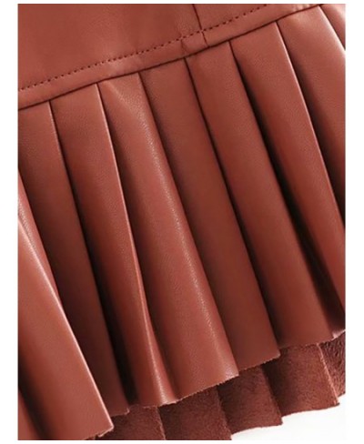 Women Chic PU Leather Pleated Skirt Ruffles Tie Belt Waist Pocket Skirt Zipper Fly Ladies Elegnt Mini Skirts Jupe Femme $44.3...