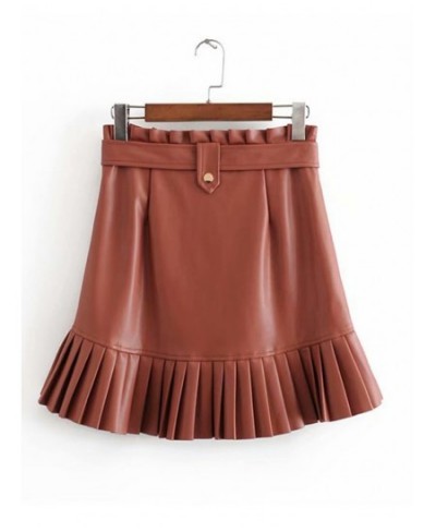 Women Chic PU Leather Pleated Skirt Ruffles Tie Belt Waist Pocket Skirt Zipper Fly Ladies Elegnt Mini Skirts Jupe Femme $44.3...