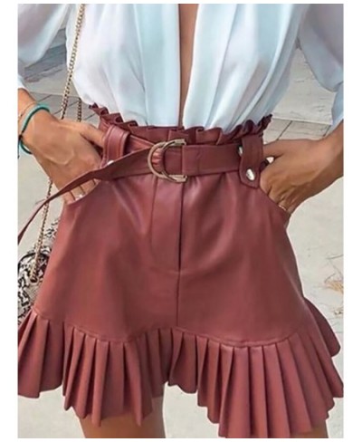 Women Chic PU Leather Pleated Skirt Ruffles Tie Belt Waist Pocket Skirt Zipper Fly Ladies Elegnt Mini Skirts Jupe Femme $44.3...