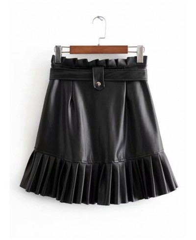 Women Chic PU Leather Pleated Skirt Ruffles Tie Belt Waist Pocket Skirt Zipper Fly Ladies Elegnt Mini Skirts Jupe Femme $44.3...