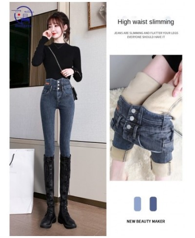 High waist jeans women's winter 2023 new slim tight thickened pencil feet Plush pants children's autumn and winter $51.32 - J...