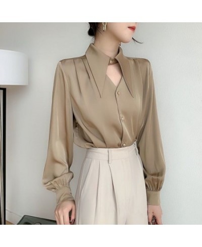 Premium sense acetate satin shirt women's design sense niche autumn wear V-neck chic drape professional top $43.58 - Tops & Tees