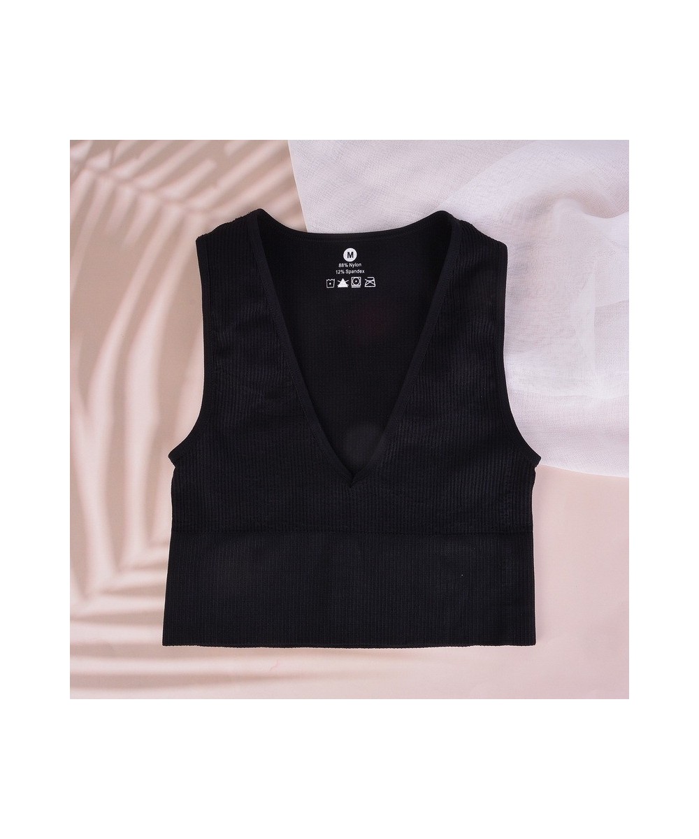 V Neck Crop Top Women Solid Basic T-shirts Sexy Top Vest Seamless Streetwear Elastic Rib-Knit Sleeveless Casual Tank Tops $16...