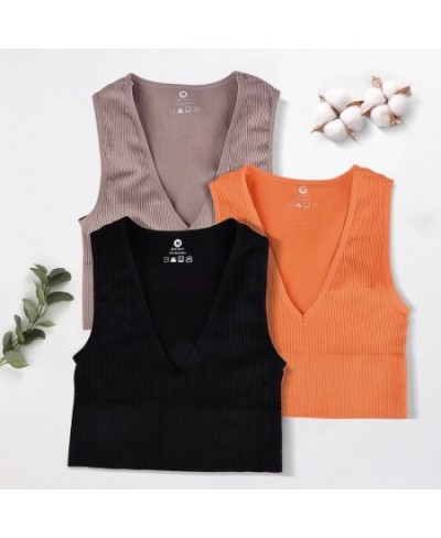 V Neck Crop Top Women Solid Basic T-shirts Sexy Top Vest Seamless Streetwear Elastic Rib-Knit Sleeveless Casual Tank Tops $16...