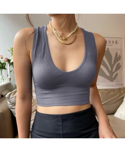 V Neck Crop Top Women Solid Basic T-shirts Sexy Top Vest Seamless Streetwear Elastic Rib-Knit Sleeveless Casual Tank Tops $16...