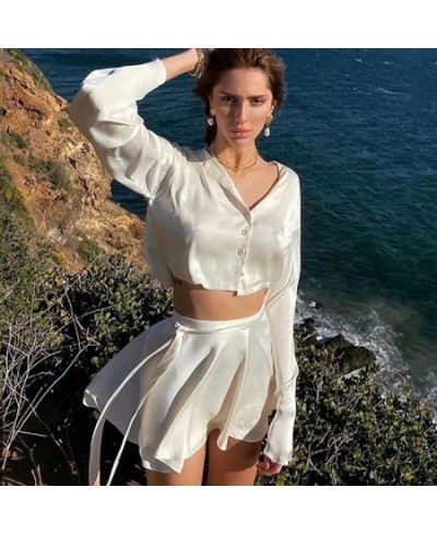 White Elegant Satin 2 Two Piece Set Women Lantern Long Sleeve Crop Tops Cardigan Sexy High Waist Mini Tennis Sport Skirts New...