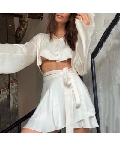 White Elegant Satin 2 Two Piece Set Women Lantern Long Sleeve Crop Tops Cardigan Sexy High Waist Mini Tennis Sport Skirts New...