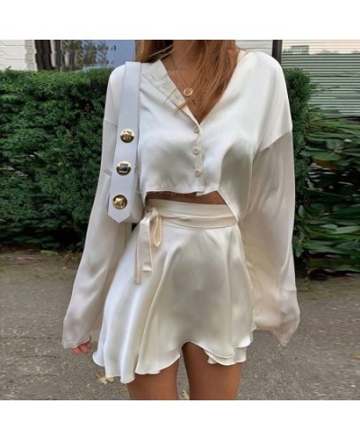 White Elegant Satin 2 Two Piece Set Women Lantern Long Sleeve Crop Tops Cardigan Sexy High Waist Mini Tennis Sport Skirts New...