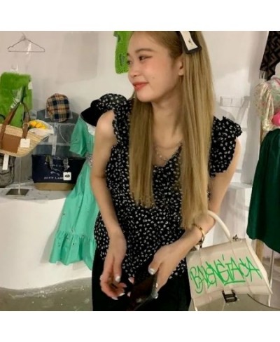 Camisole Women Chic Floral Vintage Ins Ruffles Female Leisure Aesthetic Loose Sleeveless Design Tops Basic Preppy Style $22.8...