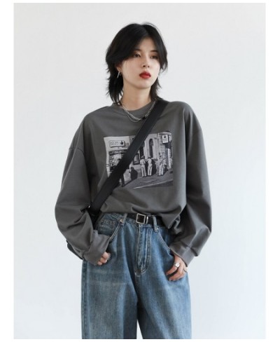 Women's T-Shirts Vintage Streetwear Loose O Neck Printed T shirts Female Tops Ladies Coat Spring Autumn 2023 $59.20 - Women Tops