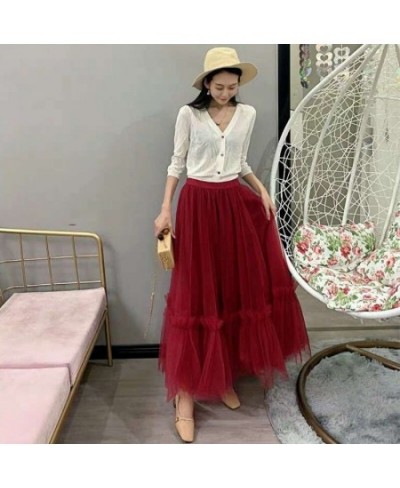 Autumn Women Elegant 3 Layers Tulle Mesh Long Pleated Skirt Patchwork Big Swing Casual Basic Pink Ball Gown Skirts Womens Sai...