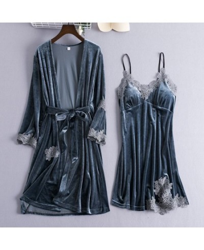 2pcs Nightgown Sleep Set Gray Womens Velour Sleepwear Robe Kimono V-Neck Pijamas Softy Gown Sleepshirt Pajamas Suit Homewear ...