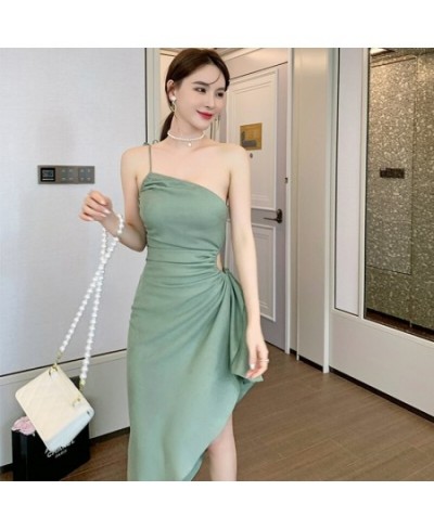 Fashion French Vintage Sexy Diagonal Collar Sleeveless Midi Party Club Dress Ladies Elegant Robe Coffee Break Casual Beach $6...