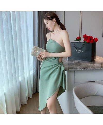 Fashion French Vintage Sexy Diagonal Collar Sleeveless Midi Party Club Dress Ladies Elegant Robe Coffee Break Casual Beach $6...