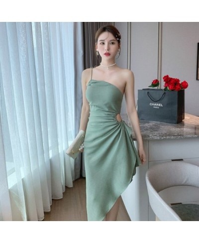 Fashion French Vintage Sexy Diagonal Collar Sleeveless Midi Party Club Dress Ladies Elegant Robe Coffee Break Casual Beach $6...