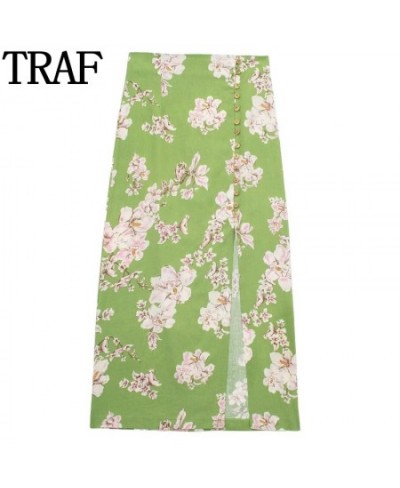 2023 Print Floral Skirt High Waist Green Long Skirts For Women Elegant Button Midi Skirt Woman Slit Summer Women's Skirts $30...