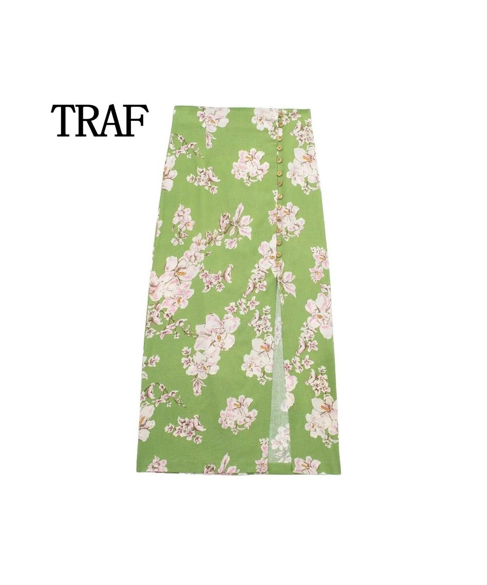 2023 Print Floral Skirt High Waist Green Long Skirts For Women Elegant Button Midi Skirt Woman Slit Summer Women's Skirts $30...