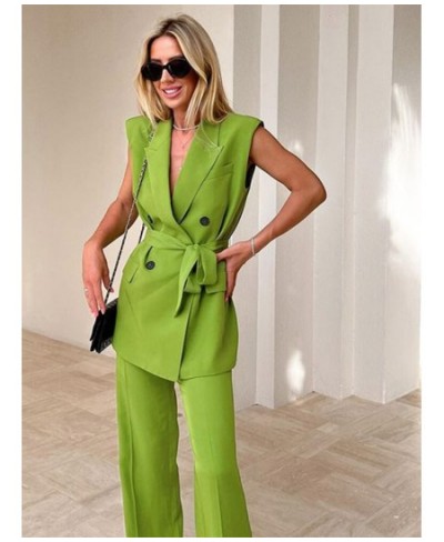 Women Fashion Solid Sleeveless Lapel Blazer Trouser 2 Piece Set Elegant High Waist Wide Leg Straight Pants Set 2022 Summer $4...