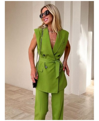 Women Fashion Solid Sleeveless Lapel Blazer Trouser 2 Piece Set Elegant High Waist Wide Leg Straight Pants Set 2022 Summer $4...