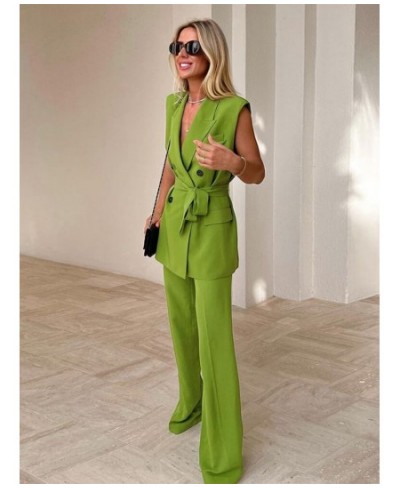 Women Fashion Solid Sleeveless Lapel Blazer Trouser 2 Piece Set Elegant High Waist Wide Leg Straight Pants Set 2022 Summer $4...