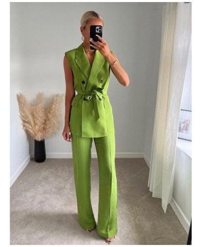 Women Fashion Solid Sleeveless Lapel Blazer Trouser 2 Piece Set Elegant High Waist Wide Leg Straight Pants Set 2022 Summer $4...