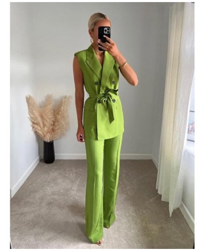 Women Fashion Solid Sleeveless Lapel Blazer Trouser 2 Piece Set Elegant High Waist Wide Leg Straight Pants Set 2022 Summer $4...