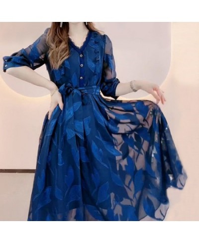 Elegant Fashion V Neck Lace Bandage Sexy Sheer Mesh Embroidery Party Dresses for Women Chic Ruffle Blue Slim Midi Dress $43.0...