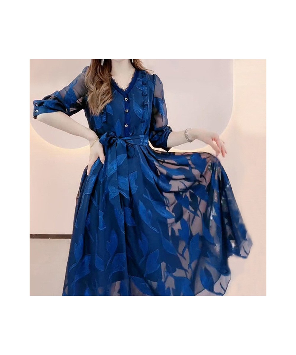 Elegant Fashion V Neck Lace Bandage Sexy Sheer Mesh Embroidery Party Dresses for Women Chic Ruffle Blue Slim Midi Dress $43.0...