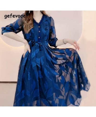 Elegant Fashion V Neck Lace Bandage Sexy Sheer Mesh Embroidery Party Dresses for Women Chic Ruffle Blue Slim Midi Dress $43.0...